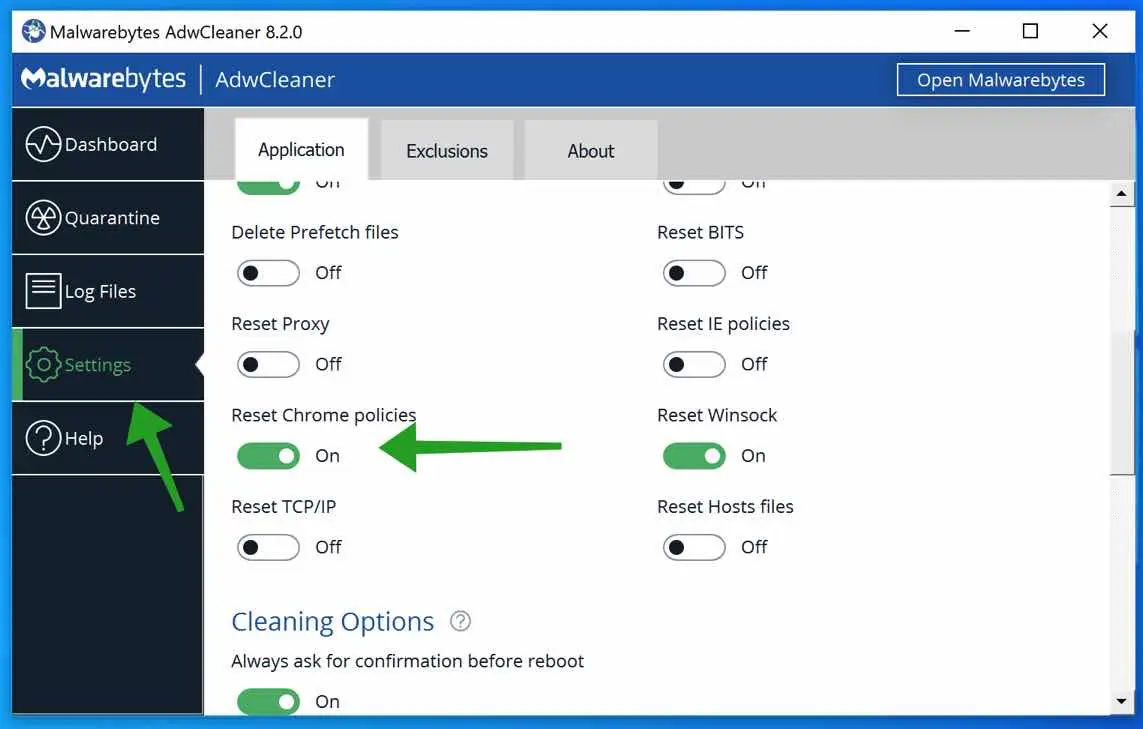 Reset Chrome policies with adwcleaner