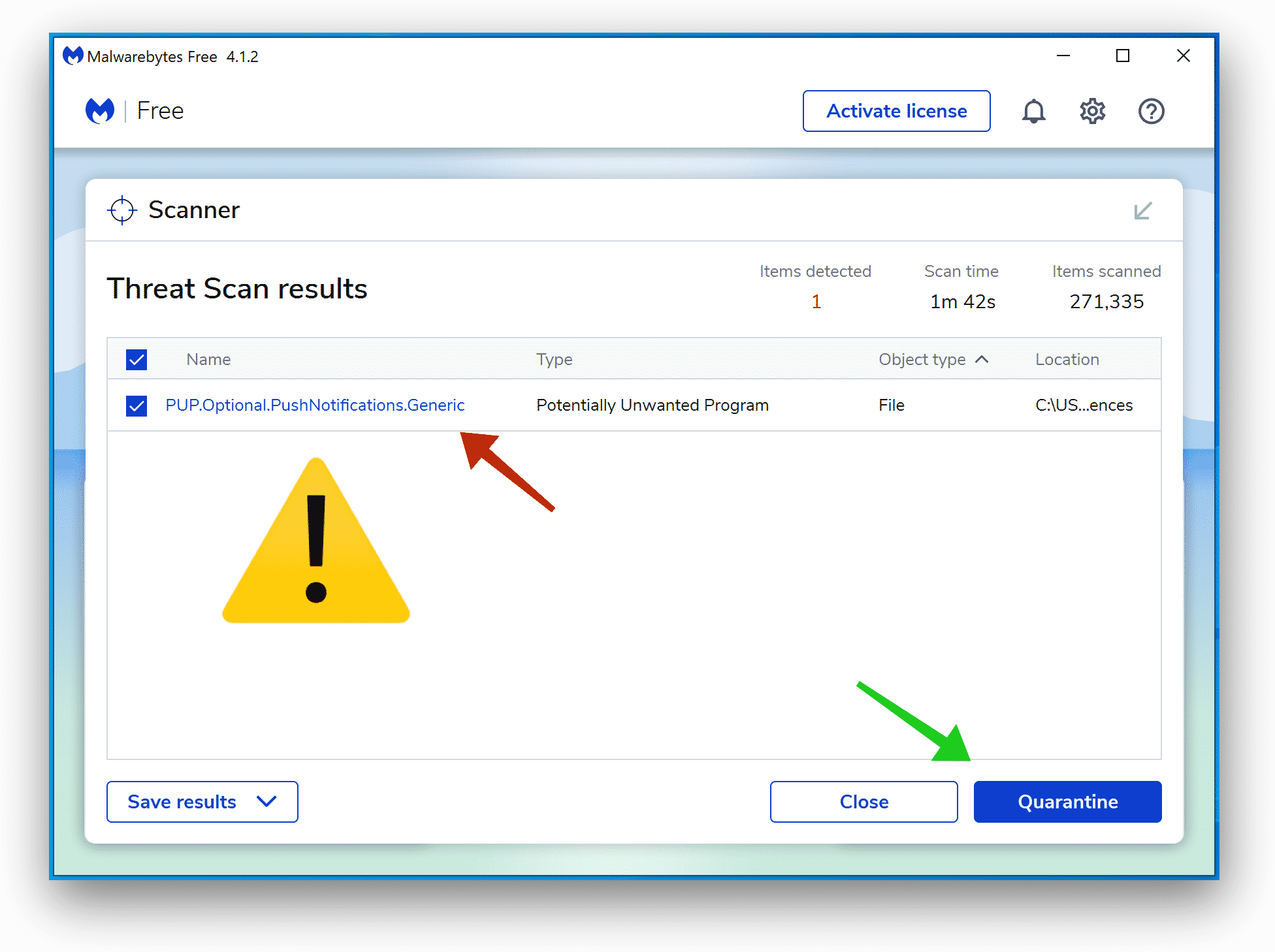 remoção de notificação push malwarebytes