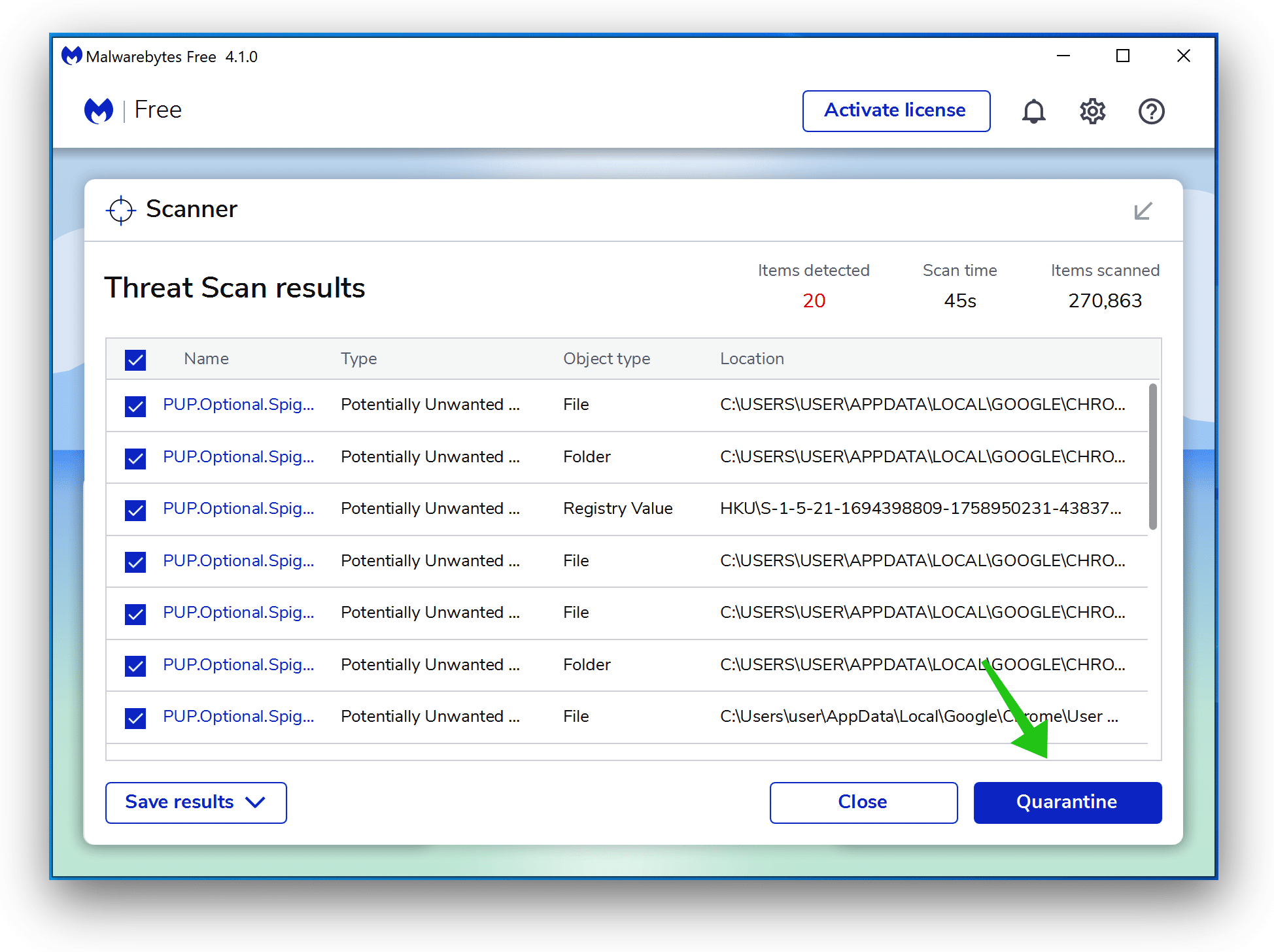 Haunigre.net removal with Malwarebytes