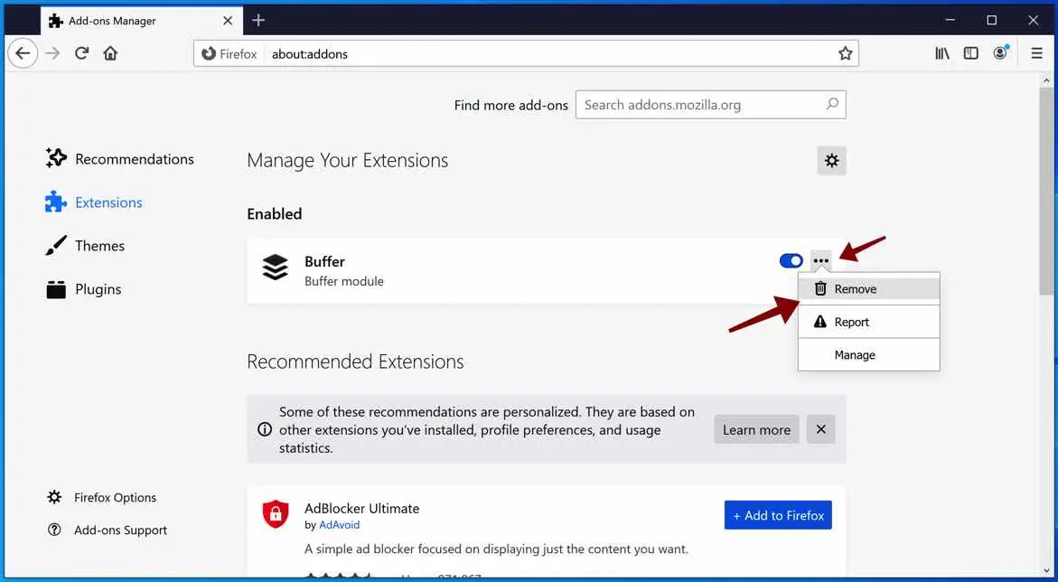 remove addon firefox