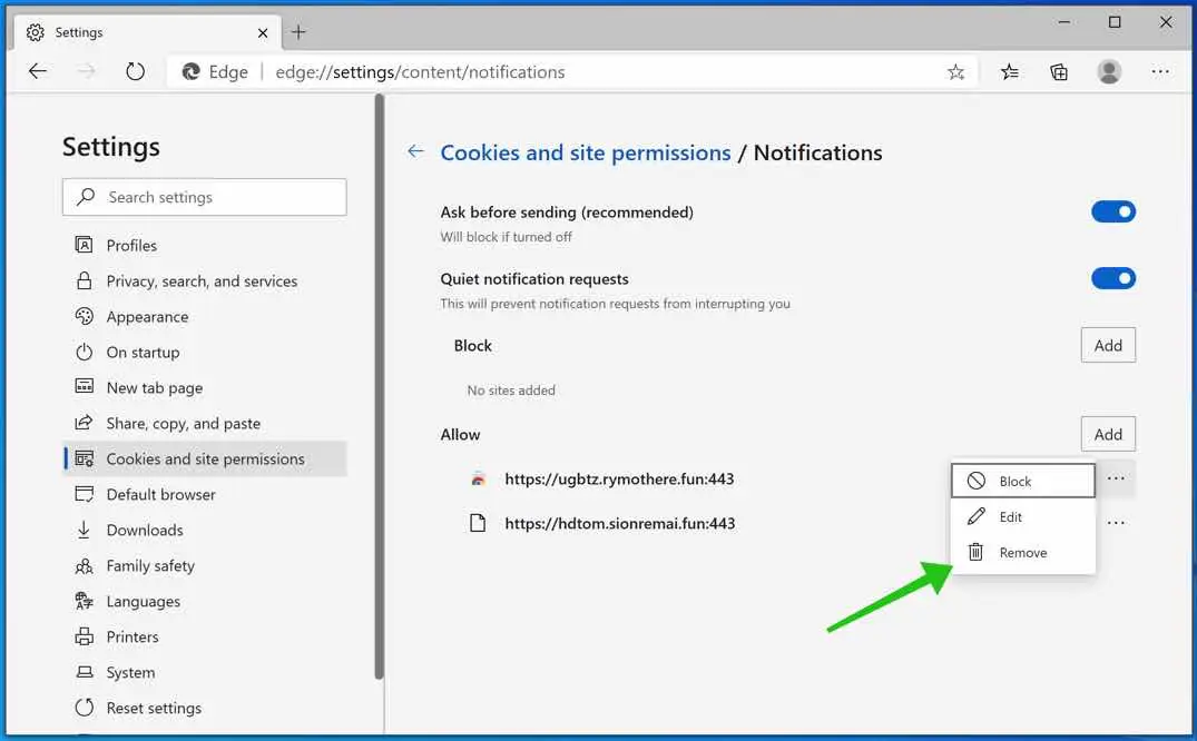 remove notifications microsoft edge
