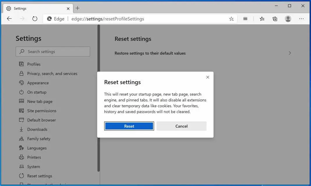 reset microsoft edge