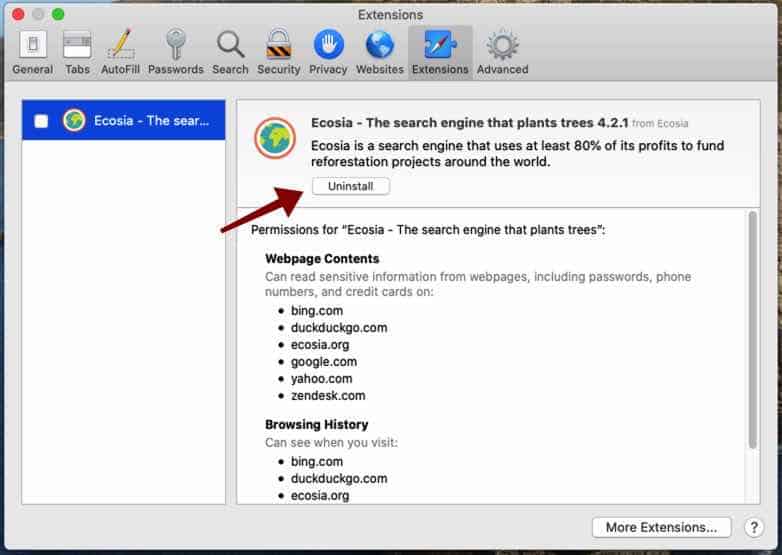 uninstall extension Safari for Mac
