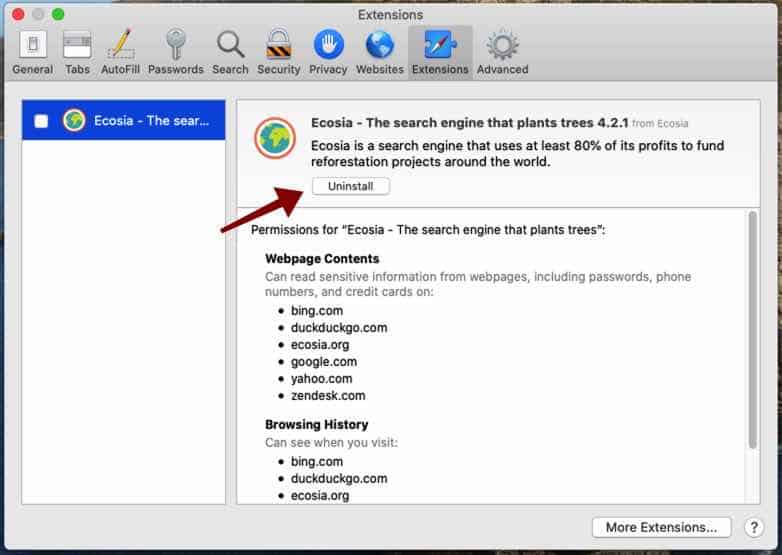 desinstalar extensão Safari para Mac