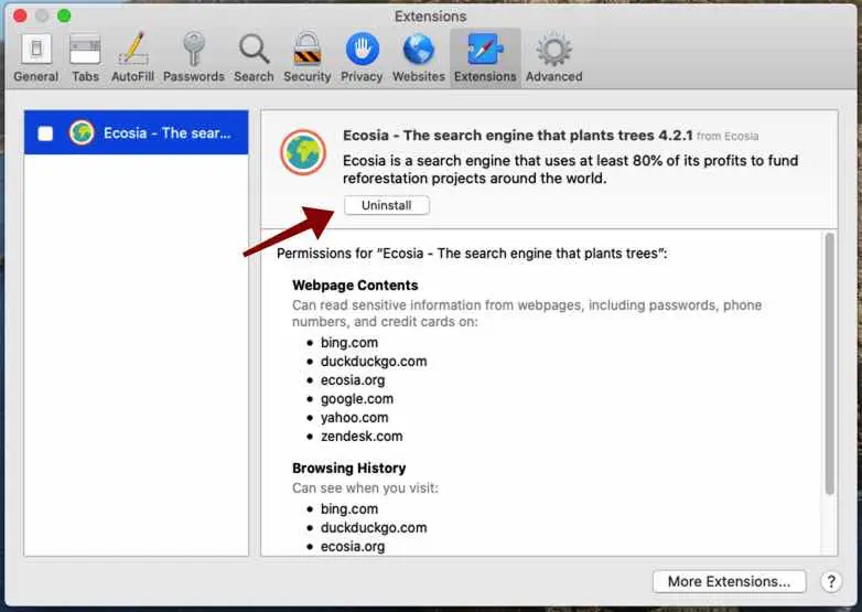 uninstall extension Safari for Mac