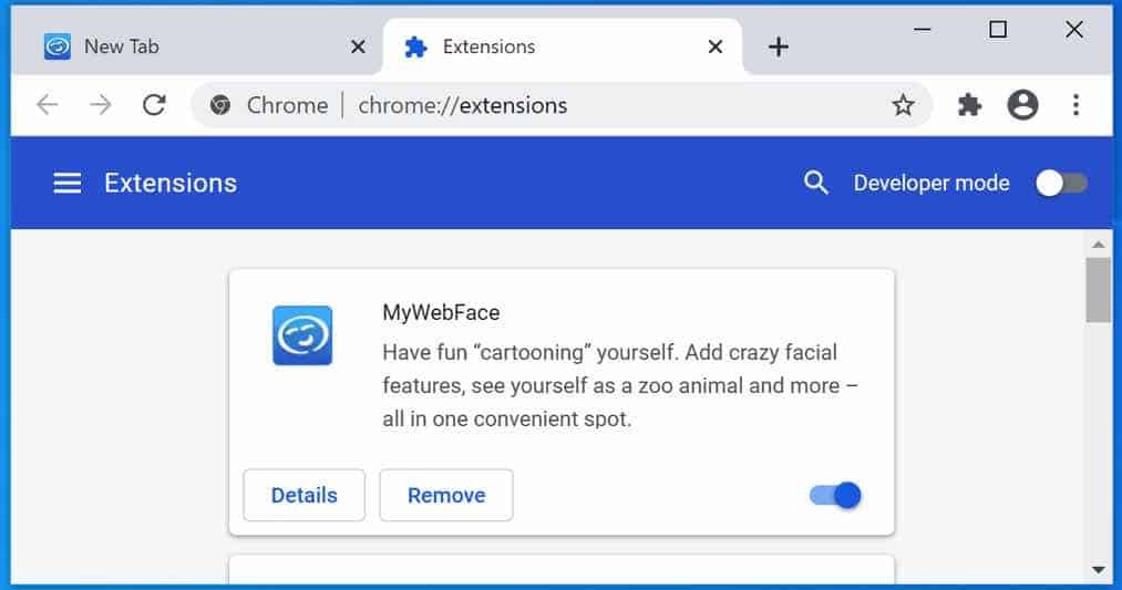 MyWebFace extension removal google chrome