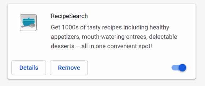 Премахване на разширение RecipeSearch от Google Chrome