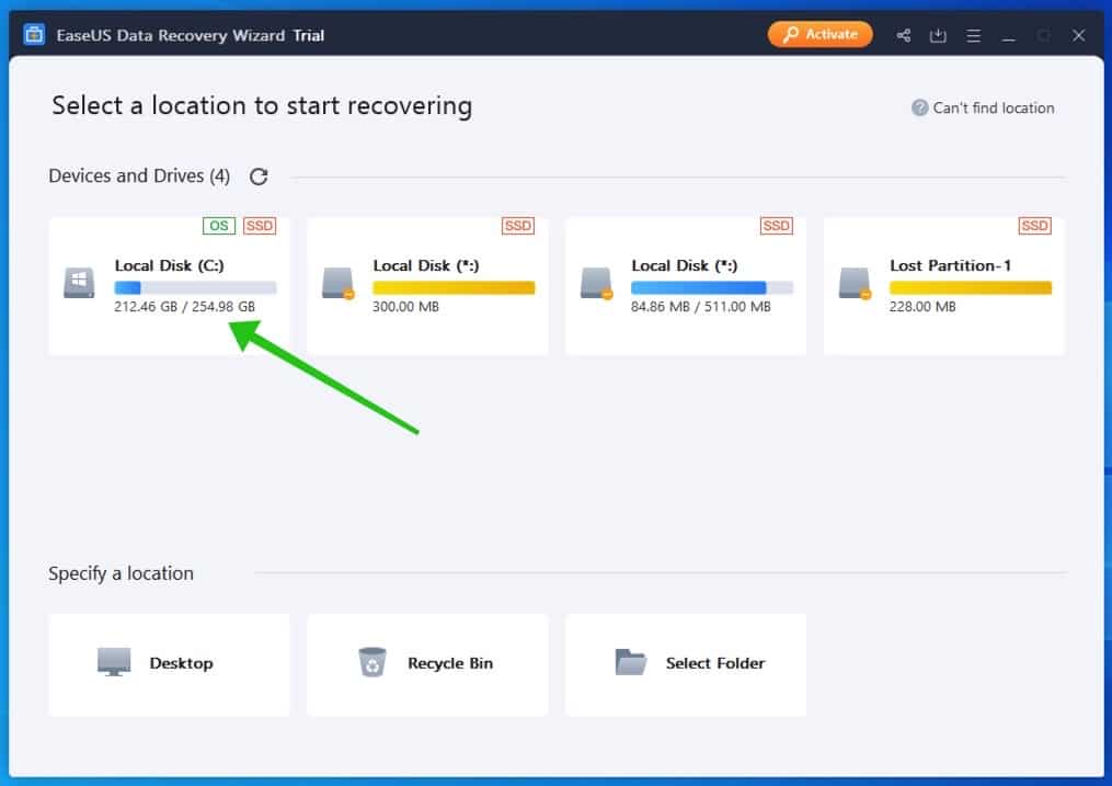 easyus data recovery stap 1