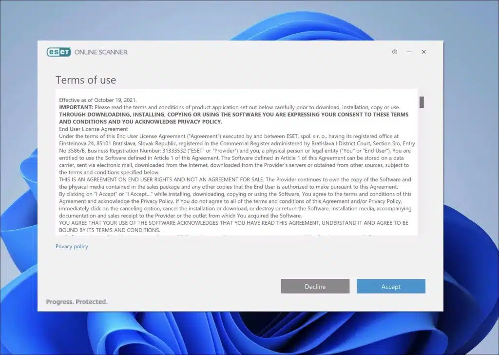 ESET Online scanner - Terms of use