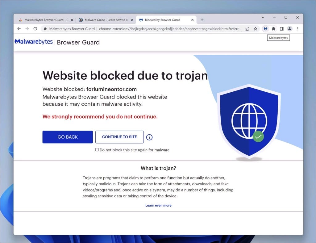 Protección del navegador Malwarebytes: sitio web bloqueado debido a un troyano