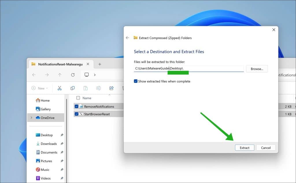 unzip to desktop folder