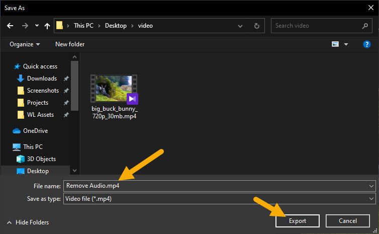choose where to save the exported video file
