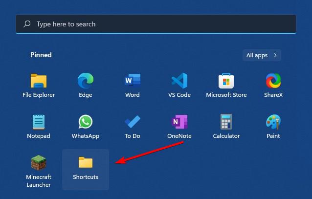 folder pinned to Start menu in Windows 11
