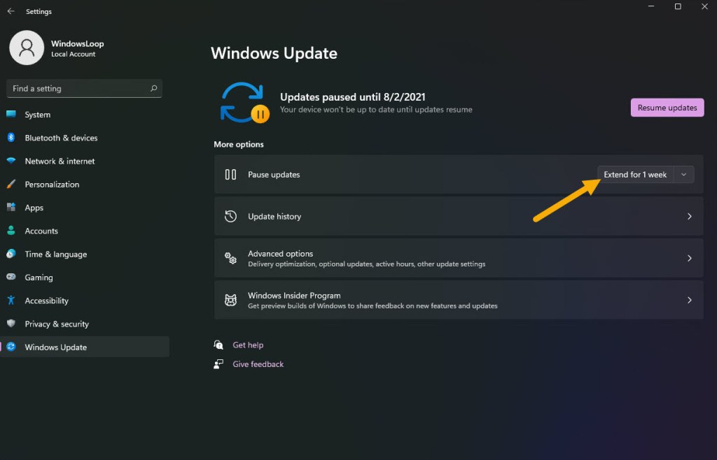 extend windows update pause state in windows 11