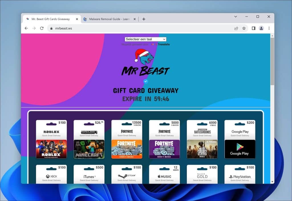mr beast giveaway scam website